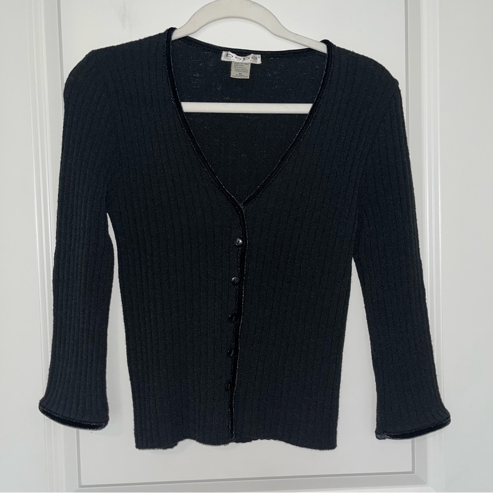 Bebe Black Ribbed V-Neck Wool Blend Cardigan Vintage Y2K